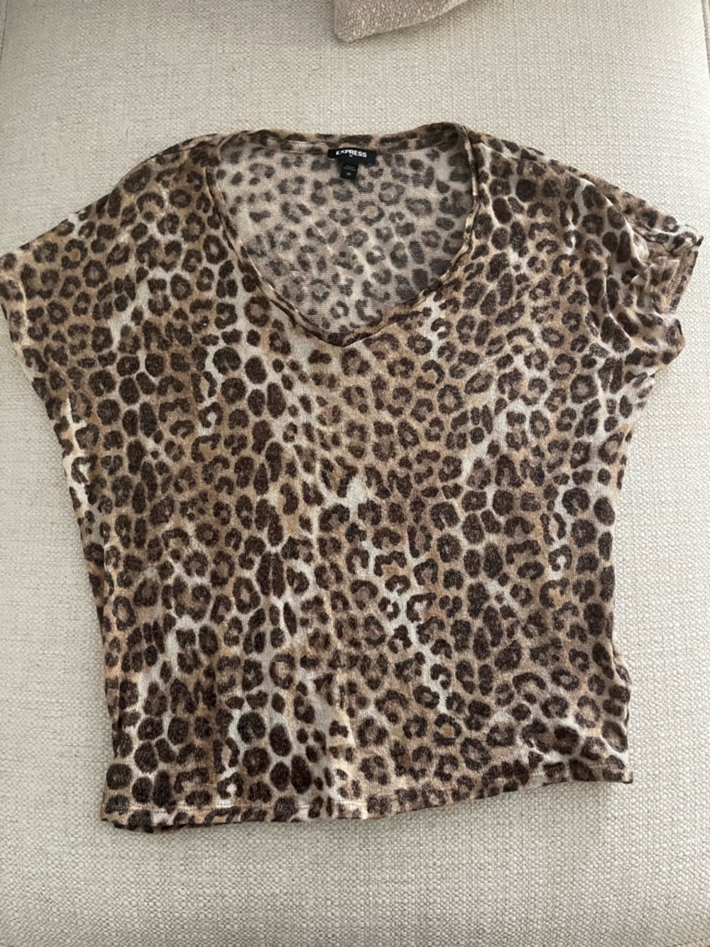 Express Women's Leopard Print V-Neck Tee - Brown & Cream